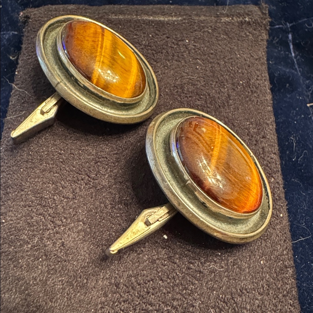 TIGERS EYE silver stamped oval cuff links 🐈⬛
